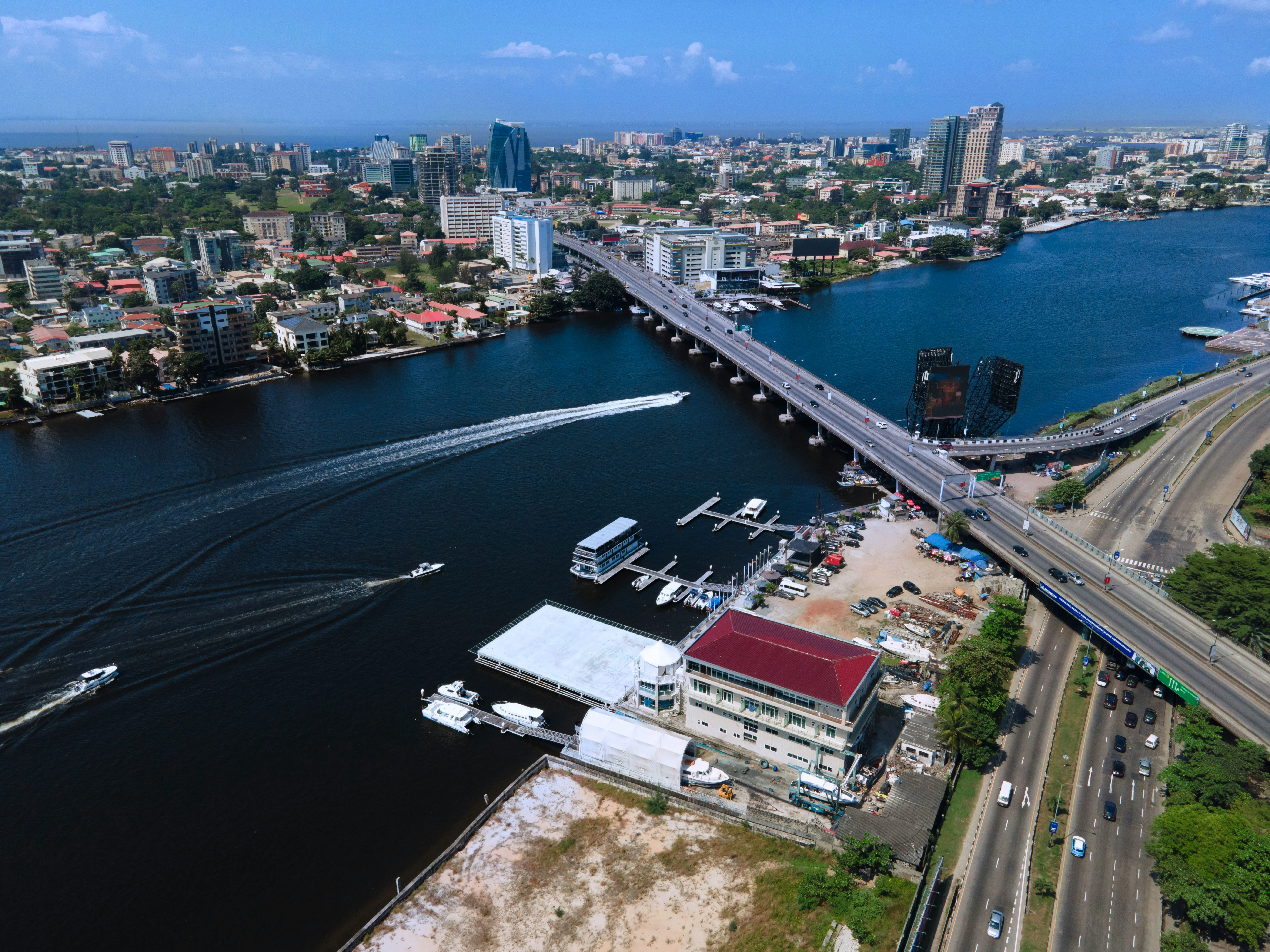 Aerial view of Lagos at the Falomo bridge and lagoon