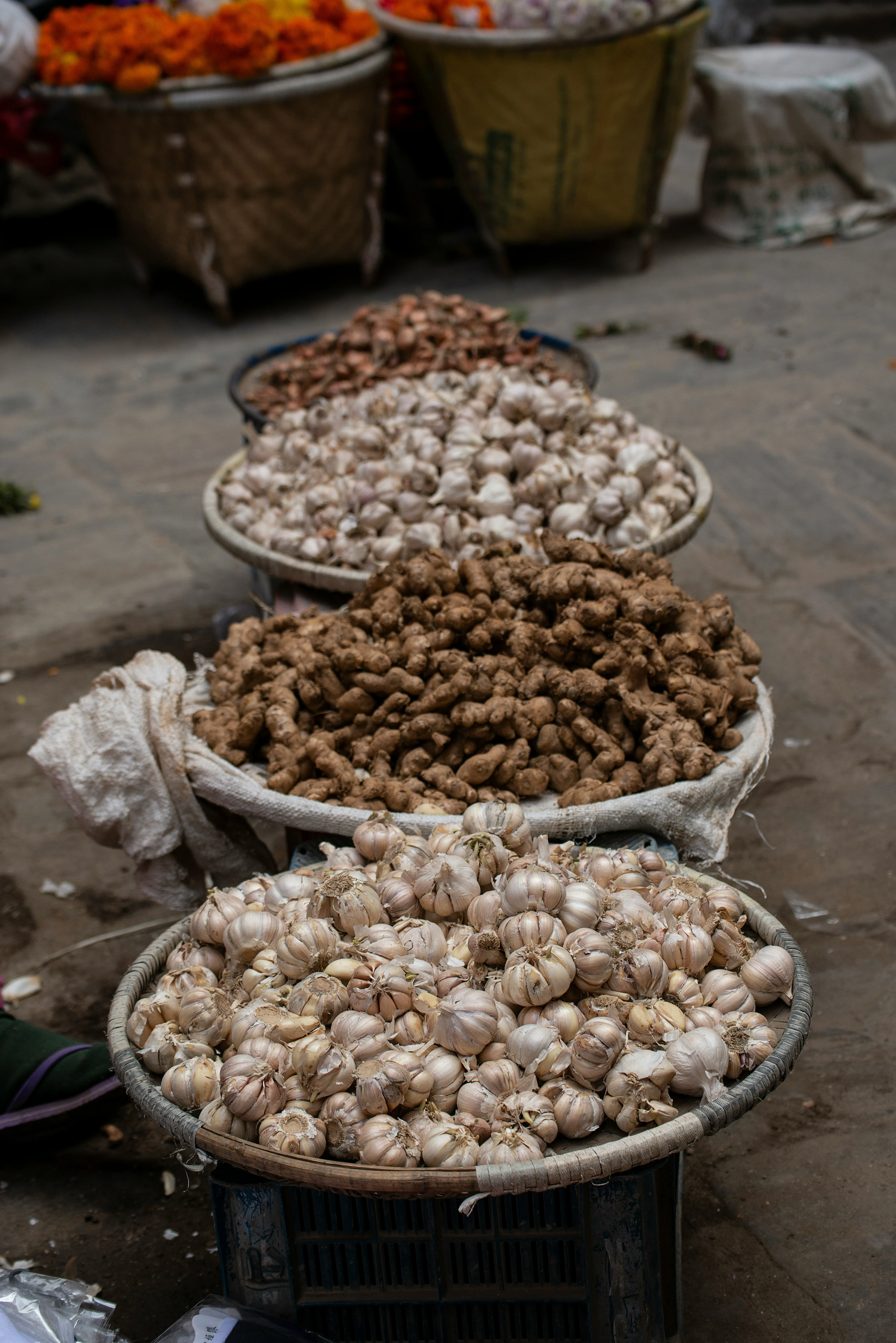 Baskets of fresh garlic and ginger, TPV Foods raw ingredients.